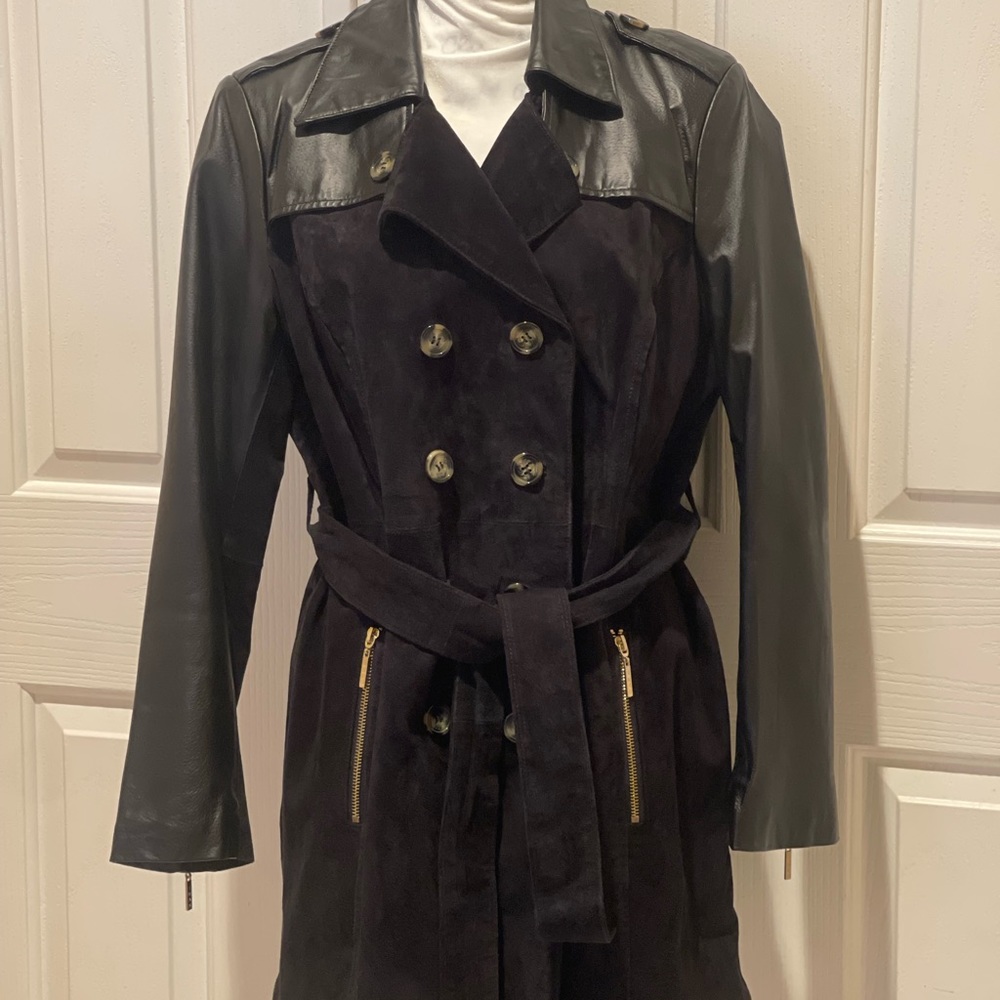 Iman black suede/leather trench coat size XL Double breasted